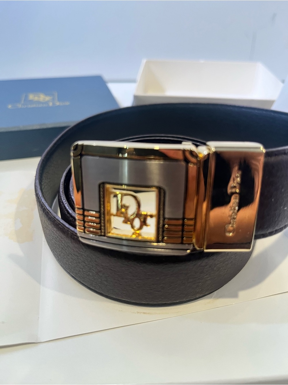 Christian Dior Logo Buckle Leather Belt in Brown and Gold